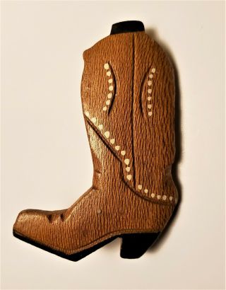 Vintage Mid Century Hand Painted Crafted Carved Wood Cowboys Boot Brooch Pin