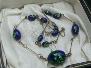 Vintage Art Deco Bohemian Blue Green Peacock Foil Glass Bead On Rg Link Necklace