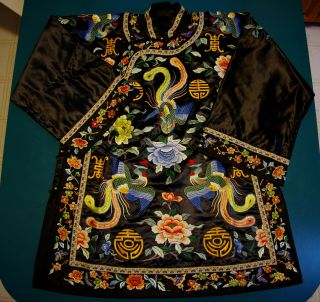 Vintage Chinese Silk Embroidered Robe Longevity Symbol Phoenix Peony Butterfly