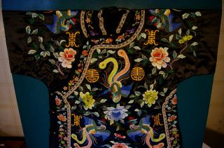 Vintage Chinese Silk Embroidered Robe Longevity Symbol Phoenix Peony Butterfly 5