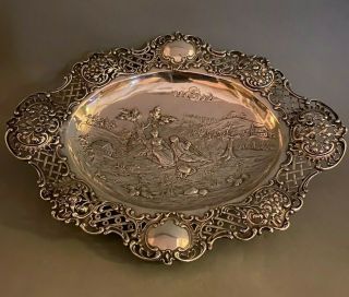 Antique Continental.  800 Silver Bowl - Floral & Lattice W Lovers Scene 18.  11 Ozt