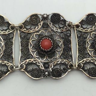 Estate Antique Chinese Silver Filigree Coral Bracelet