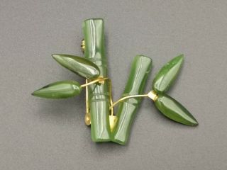 Vintage Dark Green Carved Jade & Gold Tone Chinese Bamboo Brooch Pin