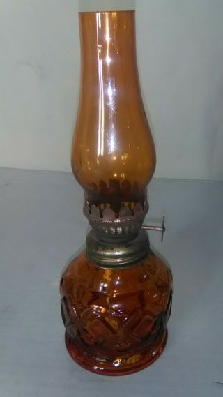 Vintage Mini Oil Lamp Amber Glass Font & Chimney 8 " Hong Kong Sail Boat Brand