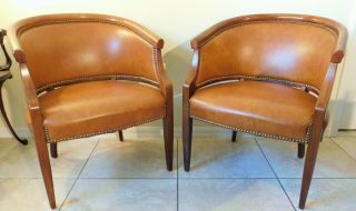 Pair Antique/vtg Solid Wood & Leather Upholstered Club Accent Arm Chairs