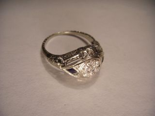 Antique Estate 14k White Gold Filigree Diamond Sapphire Ring