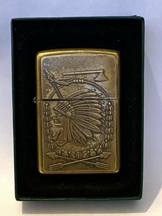 Rare Zippo Indian Head Brass Lighter Dated Xiv,  Usa