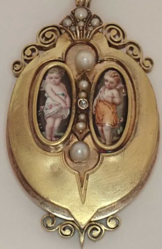 Antique Victorian 14k Gold Diamond Pearl Hand Painted Enamel Cherub Locket