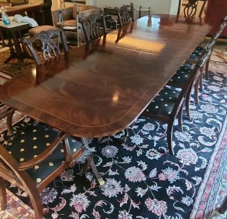 Flamed Mahogany Dining Table With 3 Extension Leaves And 8 Matching Chairs