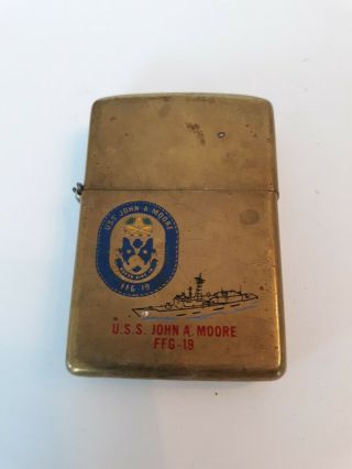 Zippo Navy 1984 Brass Lighter Uss John A.  Moore Ffg 19 - Decommissioned