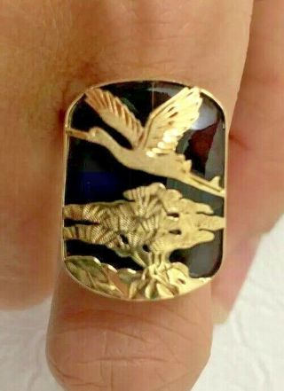 Vintage 14k Yellow Gold & Black Onyx Oriental Chinese Crane Ring Size 6.  25 Solid