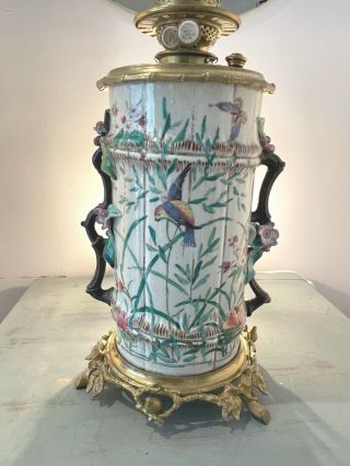 Huge Antique Ceramic Oil Lamp With Stylised Brass Birds And Flowers Hinks