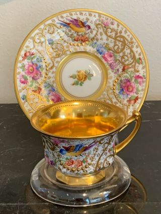 Antique Ambrosius Lamm Dresden Porcelain Hand Gold Gilt Demitasse And Saucer