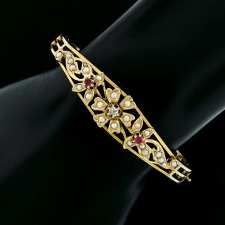 Antique Art Nouveau 14k Gold Diamond Ruby Seed Pearl Flower Open Bangle Bracelet