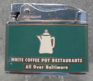 Vintage White Coffee Pot Restaurant Baltimore Flat Advertising Lighter Htf Lqqk