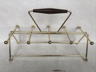 Vintage Danish Modern Mcm Metal Caddy Carrier Wood Handle Gold For 8 Glasses