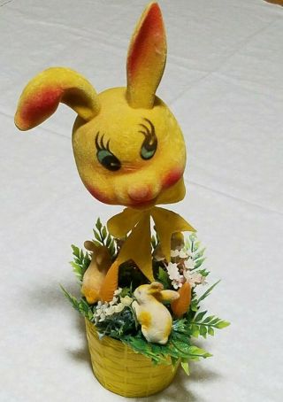 14 " Vintage Flocked Yellow Bunny Rabbit In Flower Pot Easter Mid Century
