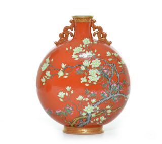 A Very Fine Chinese Coral - Enamel Moon Flask Vase