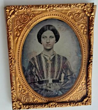 Antique Tintype Photo Civil War Era Woman In Ornate Vintage Gold Frame