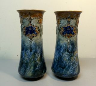 Stunning Pair Antique Royal Doulton Art Nouveau Glazed Vases,  C.  1902 - 1922
