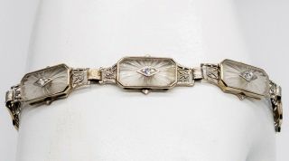 Antique 1920s Camphor Glass Diamond 14k White Gold Filigree Bracelet 8 " 10g