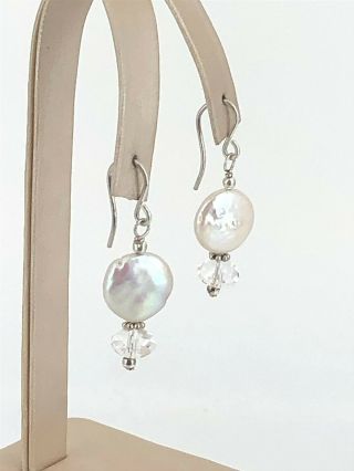 Vintage Sterling Silver,  Coin Pearl & Faceted Crystal Bead Petite Wire Earrings