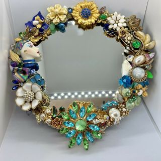 Ooak Hand Crafted Mirror With Collage Art Vintage Costume Jewelry Frame