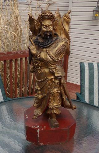 Antique Chinese Gold Gilt Hand Carved Wood Statue Of Guan Yu Impressive Display
