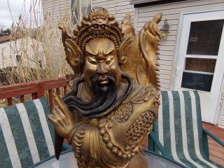 Antique Chinese Gold Gilt Hand Carved Wood Statue of Guan Yu Impressive Display 2