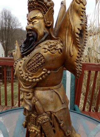Antique Chinese Gold Gilt Hand Carved Wood Statue of Guan Yu Impressive Display 3