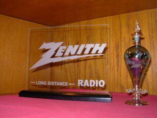 Zenith Etched Glass Vintage Radio Sign W/black Oak Base