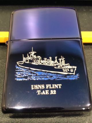 2003 Blue Zippo Lighter Usns Uss Flint T - Ae 32 Us Navy Ship Vintage