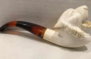 Vintage Meerschaum Pipe With Carved Figural Lion Head Conditionf