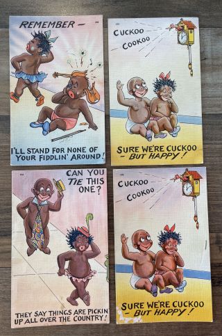 Set Of 4 Vintage Postcard Black African American Fair Comic Tichnor Comedy