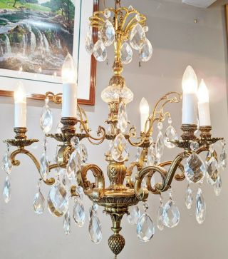 Large Antique 20th C French 6 Arm Bronze & Crystal Chandelier