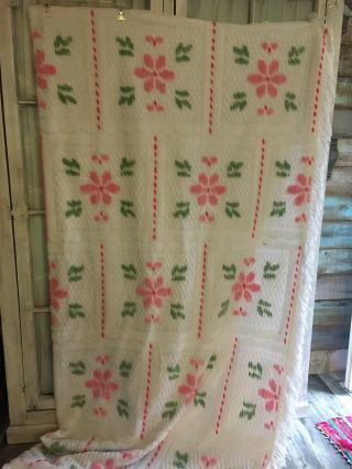 White Pink Flowers Green Chenille Bedspread 90 " X 108 " Vintage Polyester Full