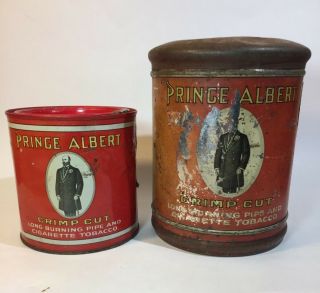 2 Vtg Prince Albert Round Tobacco Tin Crimp Cut Cigarette Advertising W/ Opener