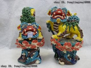 Taiwan Cochin pottery WuCai porcelain lotus flower Feng Shui Evil Foo Dog Lion 2