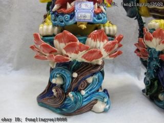 Taiwan Cochin pottery WuCai porcelain lotus flower Feng Shui Evil Foo Dog Lion 6