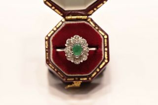 Vintage 18k Gold Natural Diamond And Emerald Decorated Pretty Ring
