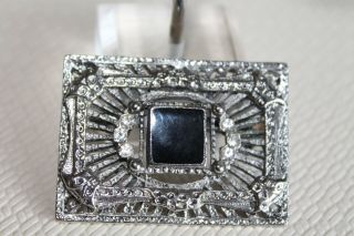 Vintage Art Deco Silver Plated Metal Filigree Brooch/pin Black Enamel Rhinestone