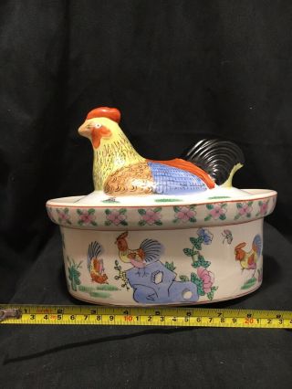 Colorful Porcelain Ceramic Lidded Chicken Casserole Dish Hand Painted Vintage