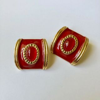 Vintage Avon Gold Tone Red Enamel Rectangular Clip Earrings