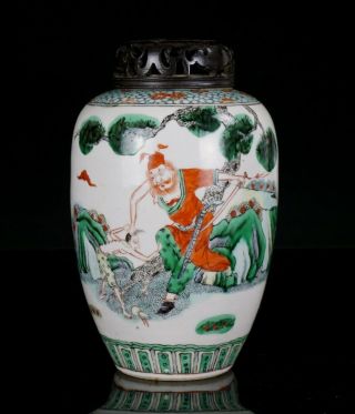 Antique Chinese Famille Verte Porcelain Immortal Figure Jar & Wooden Cover 19thc