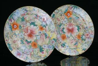 PAIR Antique Chinese Famille Rose Millefleur Flowers Plate GUANGXU c1875 - 1908 /B 2