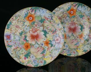 PAIR Antique Chinese Famille Rose Millefleur Flowers Plate GUANGXU c1875 - 1908 /B 3