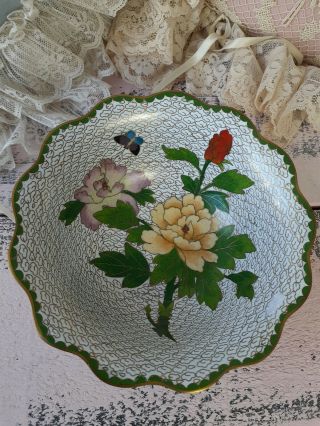 Chinese Scalloped Cloisonne Bowl Flowers & Butterfly 6 " W × 2.  24 " H Vintage