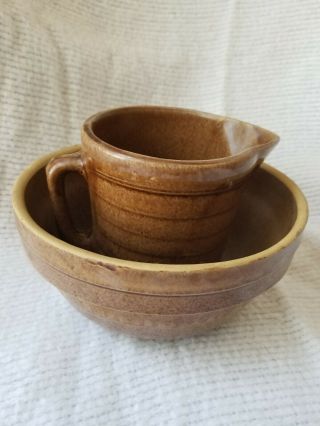 Vintage Brown Ceramic Handmade Pitcher And Bowl Set
