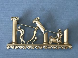 Vintage Ajc Signed Roman Greek Ionic Columns,  3 People Gold Tone Pin Brooch