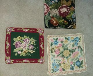 Vintage Needlepoint Floral Pillow Covers - 2 Zippered - 16 " Sq,  2 - 14 " Sq.